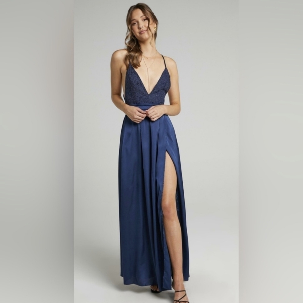 Showpo Navy‎ Inspired Tribe Plunge Neckline Maxi Lace Open Leg Dress Size US 6